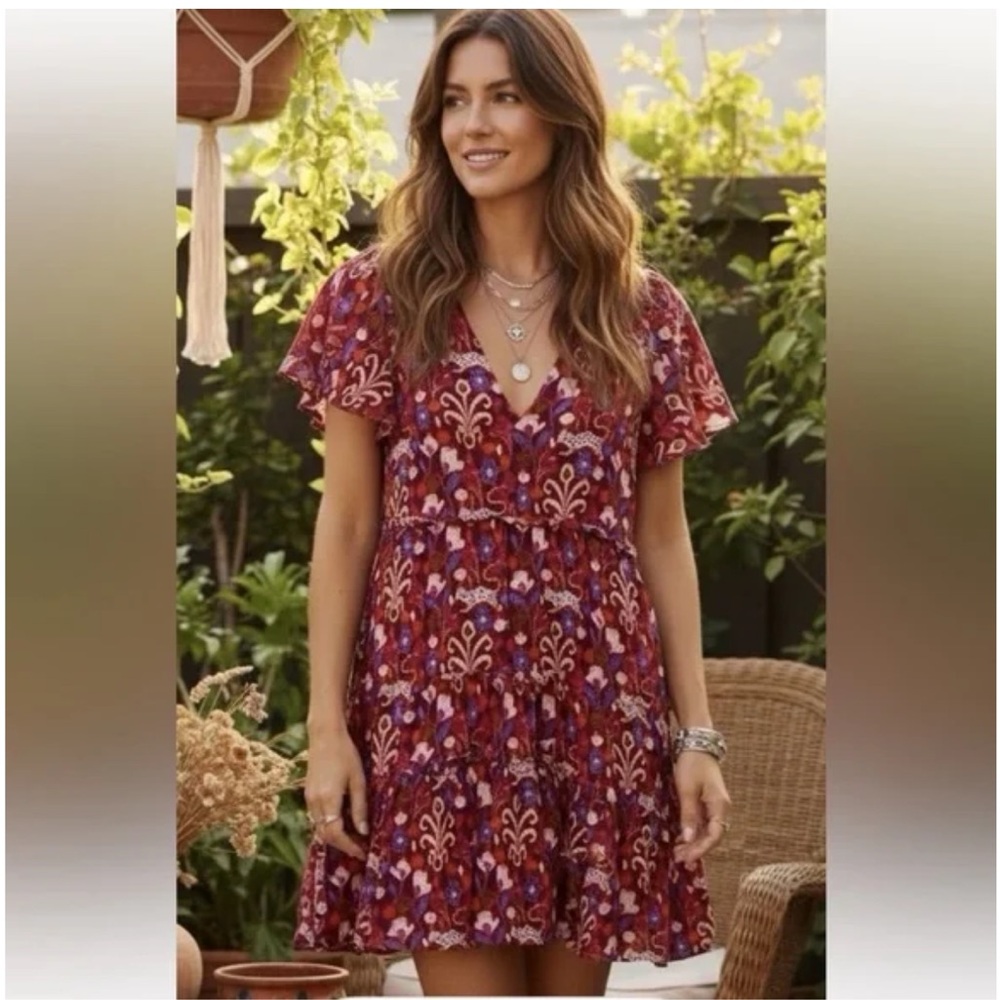 Anthropologie Robin Tiered Mini Dress Raspberry Color Large
